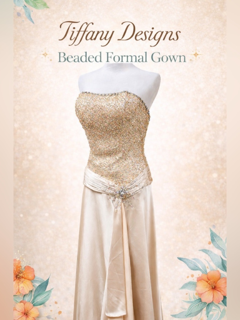 NWT Tiffany Designs Strapless Beaded Champagne/Gold Evening Gown Sz 8